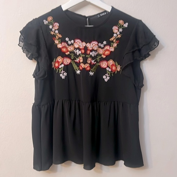 SHEIN Tops - Shein black blouse size S flower embroider cottage